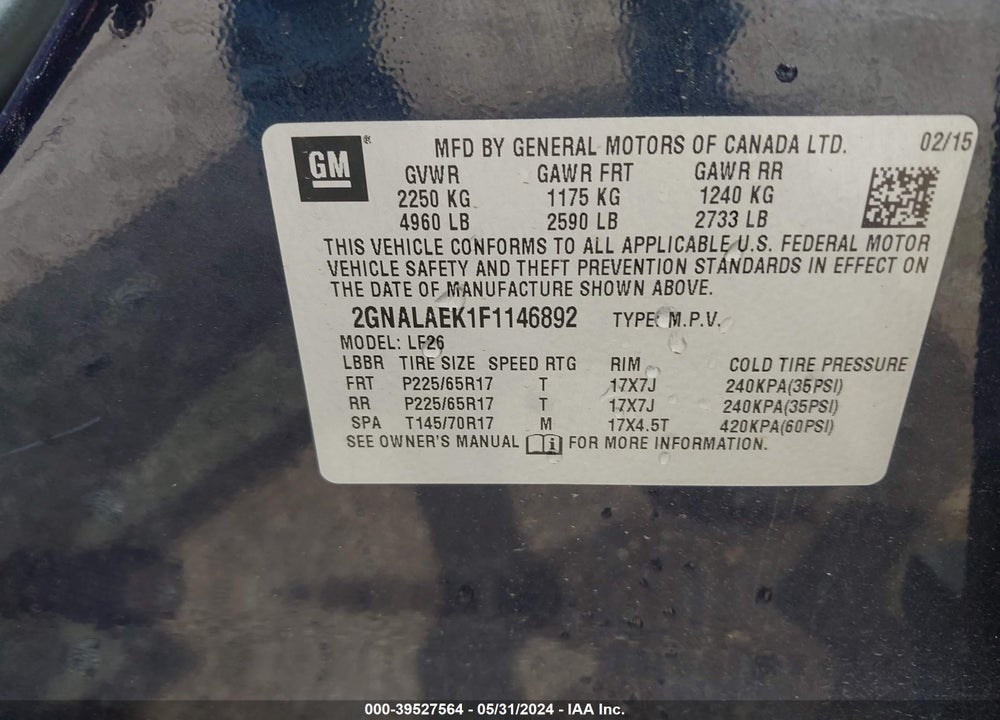 2015 CHEVROLET EQUINOX LS VIN: 2GNALAEK1F1146892