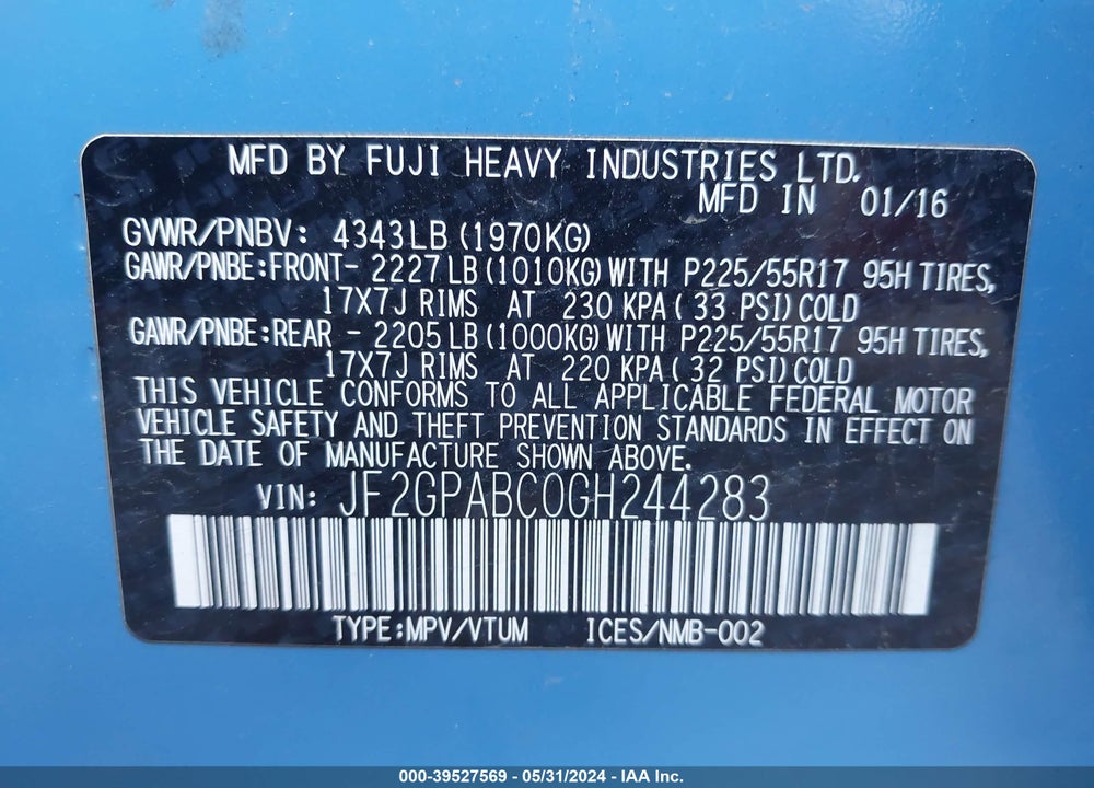 2016 SUBARU CROSSTREK 2.0I PREMIUM VIN: JF2GPABC0GH244283