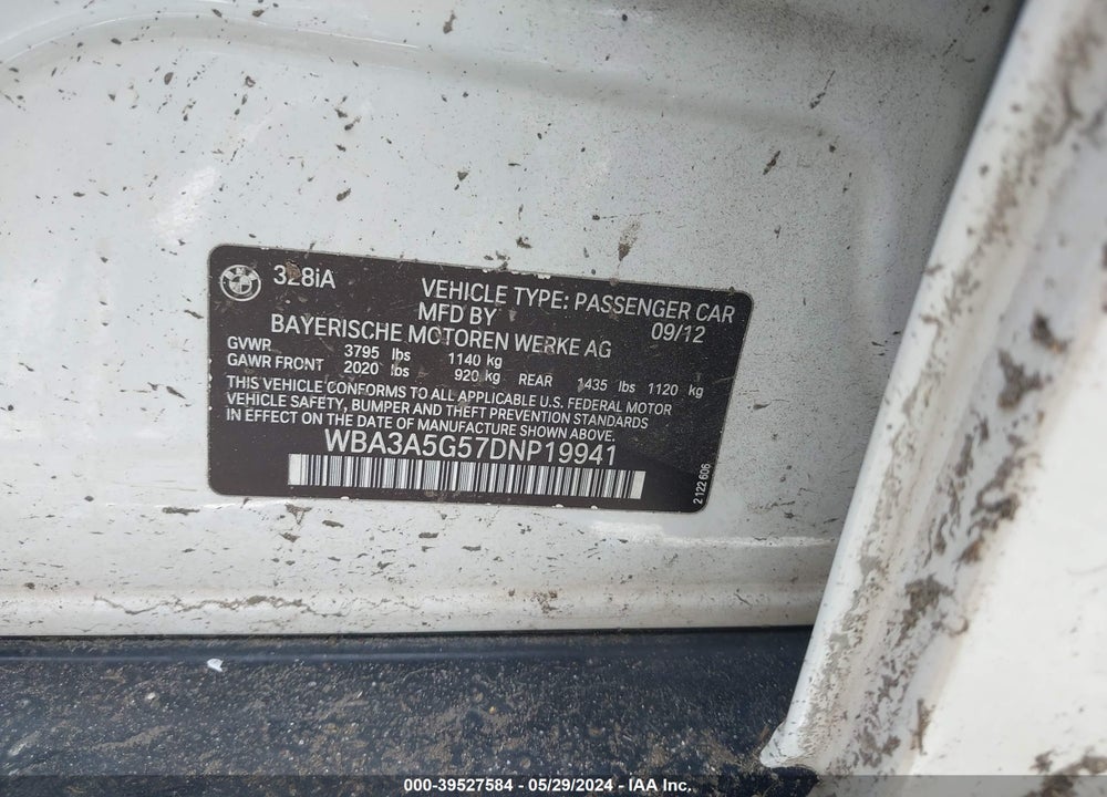 2013 BMW 328I VIN: WBA3A5G57DNP19941