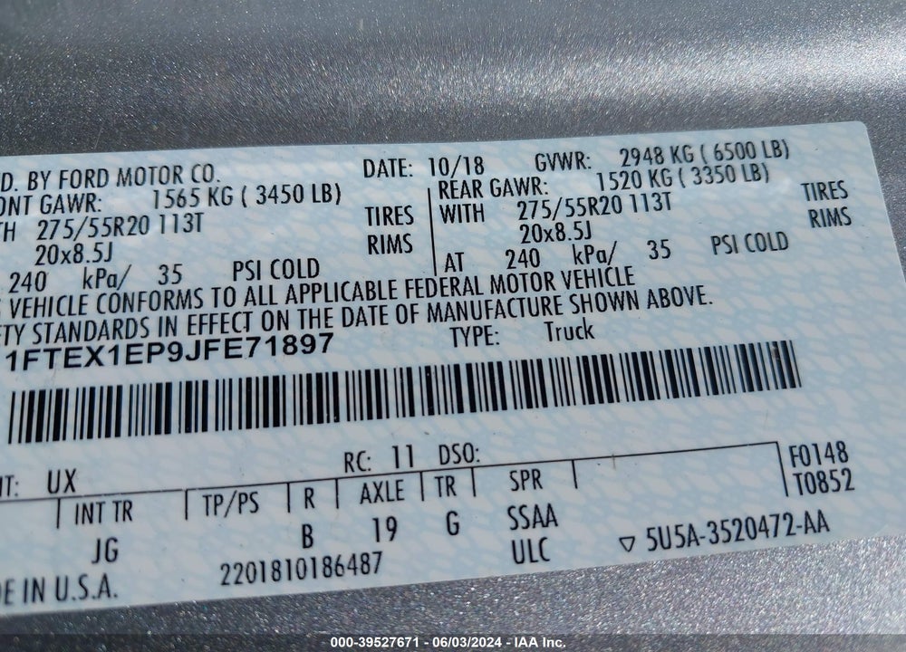 2018 FORD F-150 XL VIN: 1FTEX1EP9JFE71897