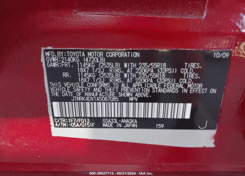 2010 TOYOTA RAV4 SPORT V6 VIN: JTMRK4DV1A5087085