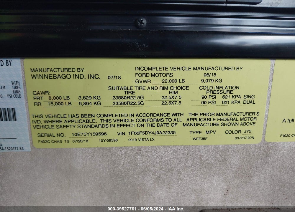 2018 FORD F53 VIN: 1F66F5DY4J0A22335