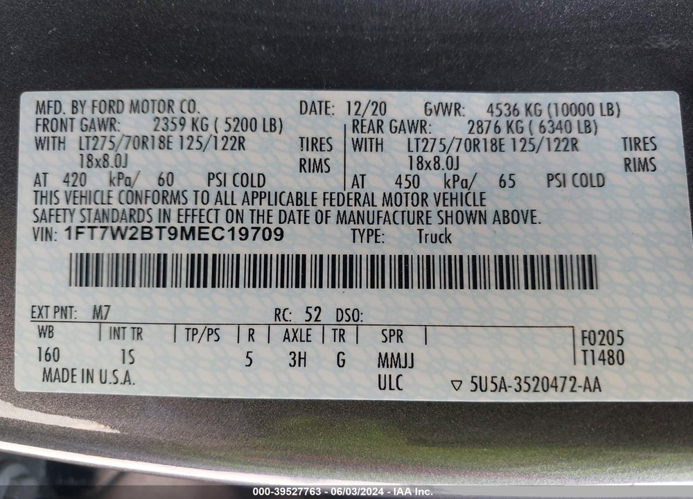 2021 FORD F-250 XL VIN: 1FT7W2BT9MEC19709