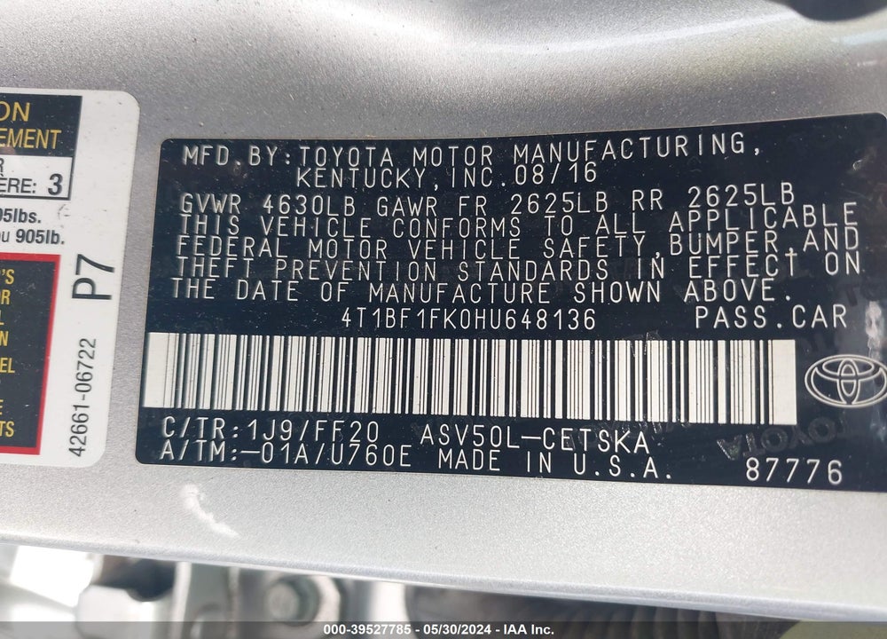 2017 TOYOTA CAMRY SE VIN: 4T1BF1FK0HU648136