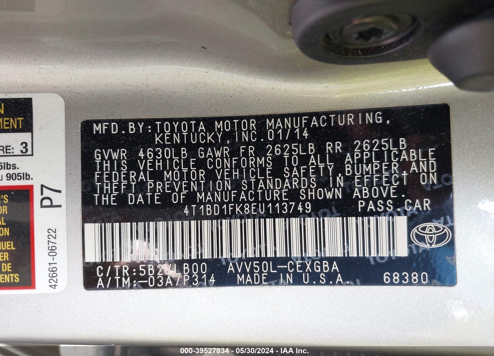 2014 TOYOTA CAMRY HYBRID XLE VIN: 4T1BD1FK8EU113749