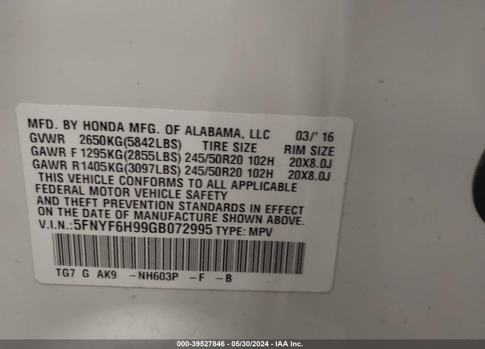 2016 HONDA PILOT TOURING VIN: 5FNYF6H99GB072995