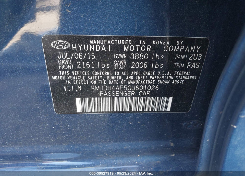 2016 HYUNDAI ELANTRA SE VIN: KMHDH4AE5GU601026