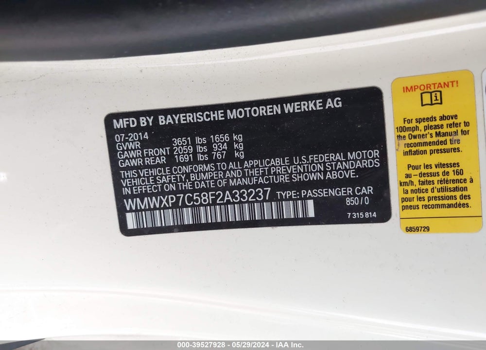 2015 MINI HARDTOP COOPER S VIN: WMWXP7C58F2A33237