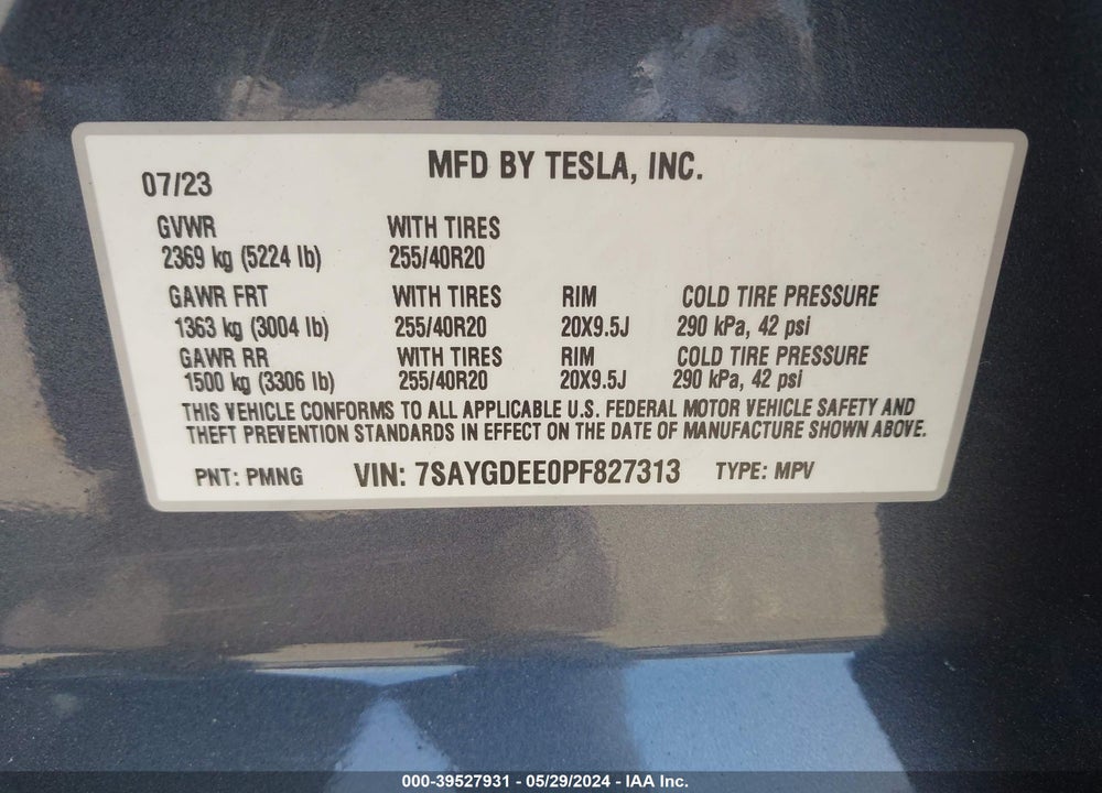 2023 TESLA MODEL Y AWD/LONG RANGE DUAL MOTOR ALL-WHEEL DRIVE VIN: 7SAYGDEE0PF827313