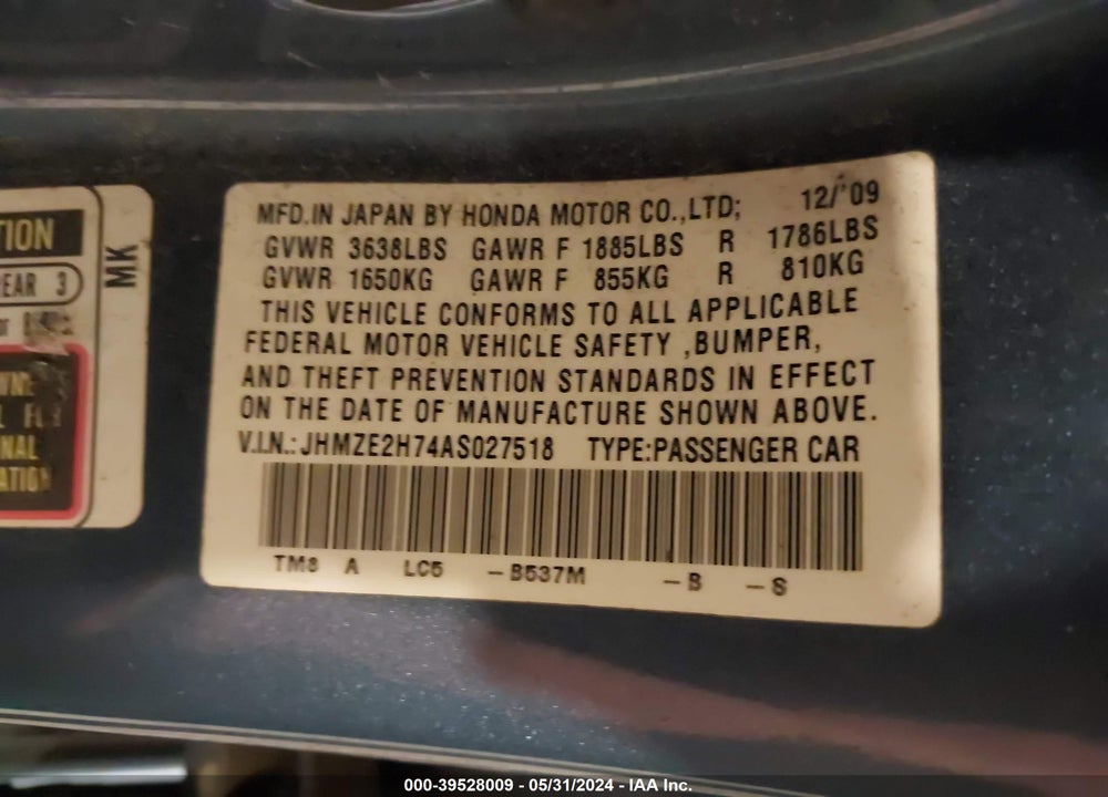 2010 HONDA INSIGHT EX VIN: JHMZE2H74AS027518