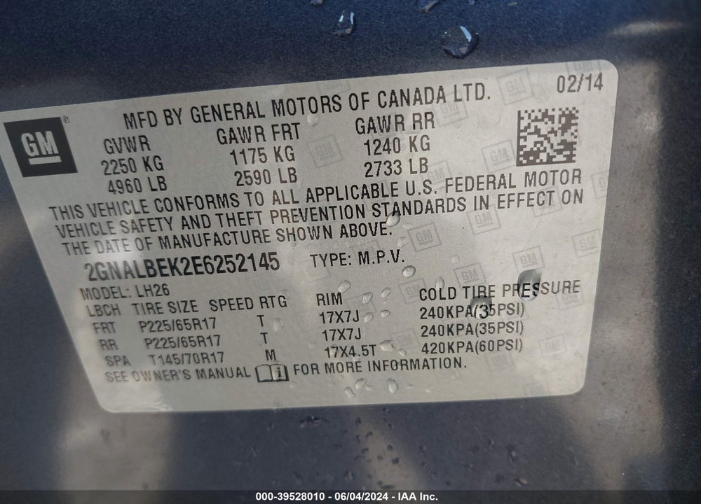 2014 CHEVROLET EQUINOX 1LT VIN: 2GNALBEK2E6252145
