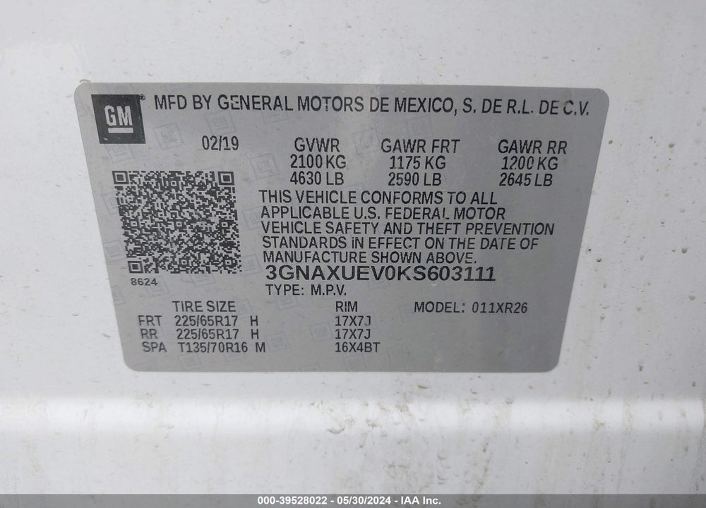 2019 CHEVROLET EQUINOX LT VIN: 3GNAXUEV0KS603111