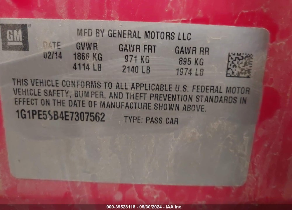 2014 CHEVROLET CRUZE 2LT AUTO VIN: 1G1PE5SB4E7307562