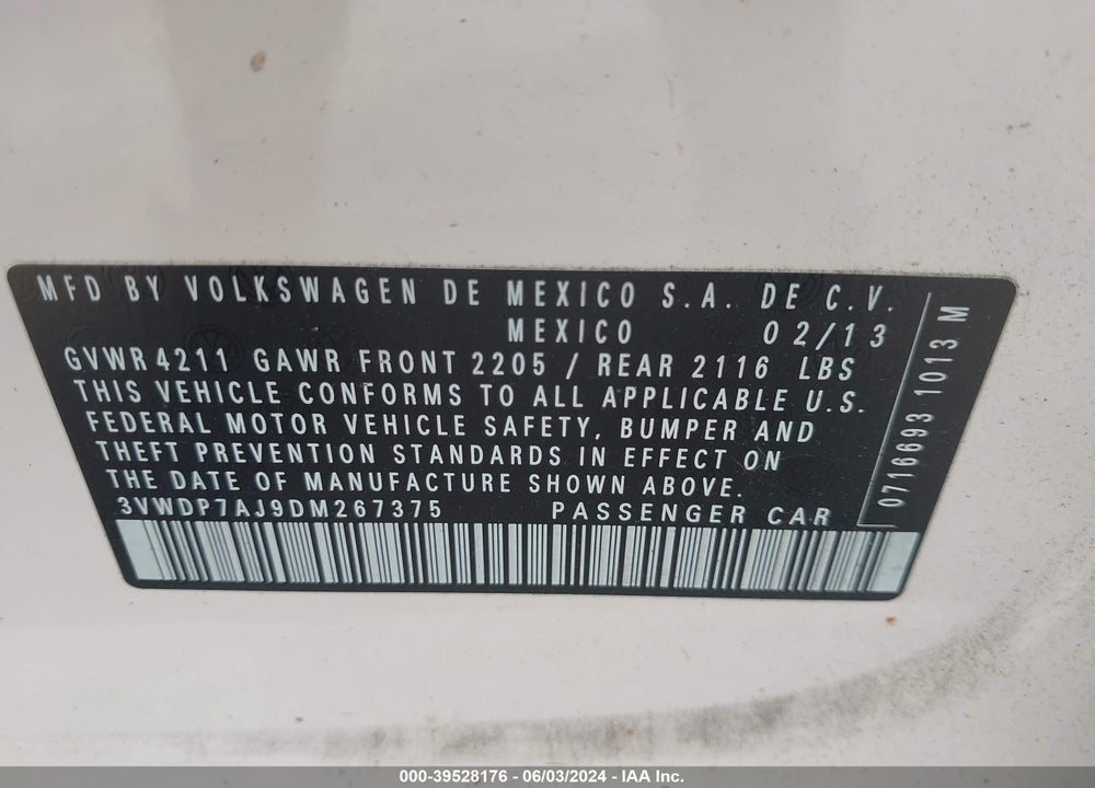 2013 VOLKSWAGEN JETTA 2.5L SE VIN: 3VWDP7AJ9DM267375