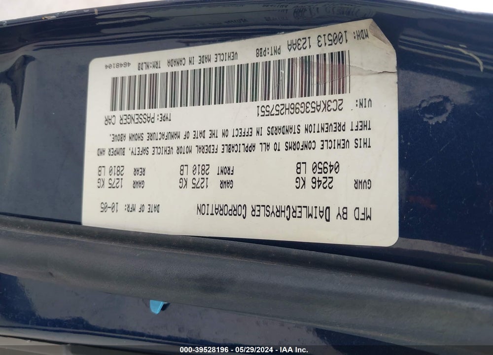 2006 CHRYSLER 300 TOURING VIN: 2C3KA53G96H257551