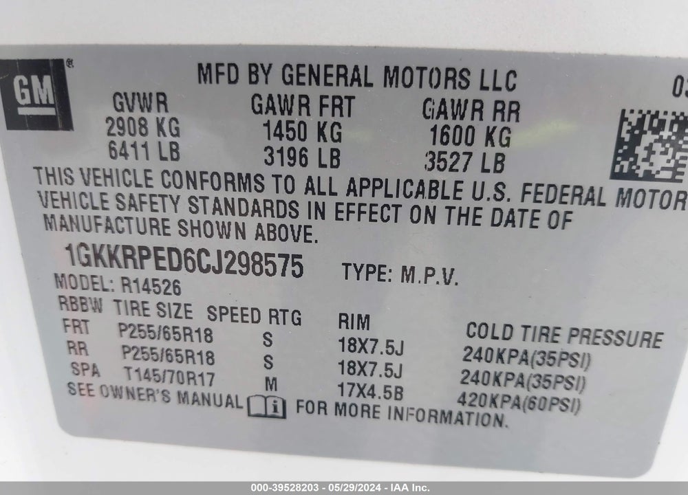2012 GMC ACADIA SLE VIN: 1GKKRPED6CJ298575