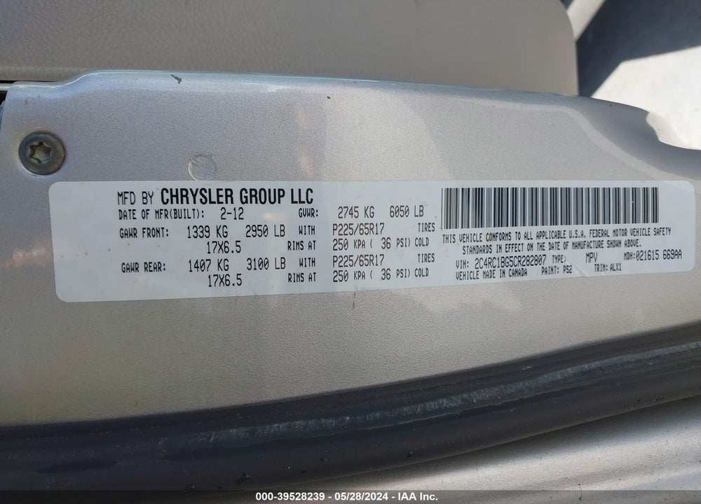 2012 CHRYSLER TOWN & COUNTRY TOURING VIN: 2C4RC1BG5CR282807