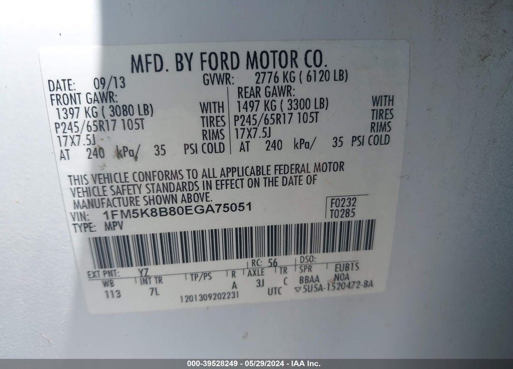 2014 FORD EXPLORER VIN: 1FM5K8B80EGA75051
