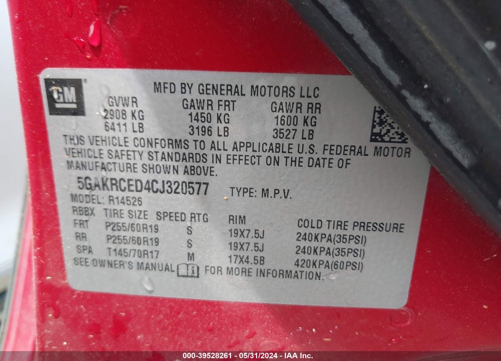 2012 BUICK ENCLAVE LEATHER VIN: 5GAKRCED4CJ320577