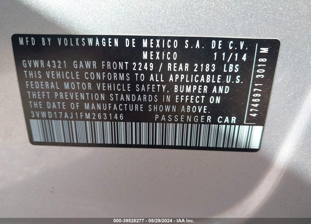 2015 VOLKSWAGEN JETTA 1.8T SE VIN: 3VWD17AJ1FM263146