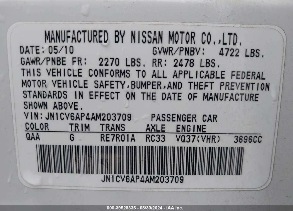 2010 INFINITI G37 JOURNEY VIN: JN1CV6AP4AM203709