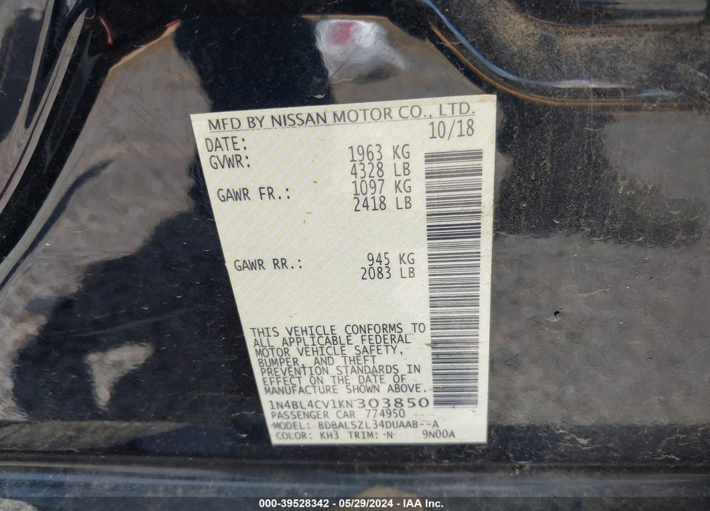 2019 NISSAN ALTIMA 2.5 SR VIN: 1N4BL4CV1KN303850