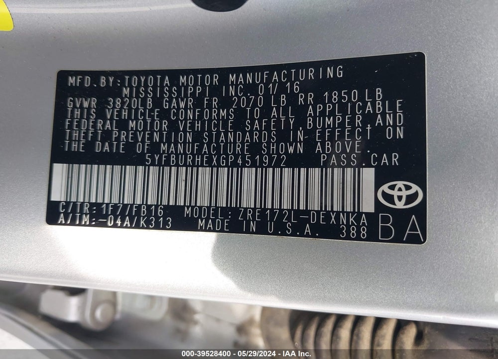 2016 TOYOTA COROLLA LE VIN: 5YFBURHEXGP451972