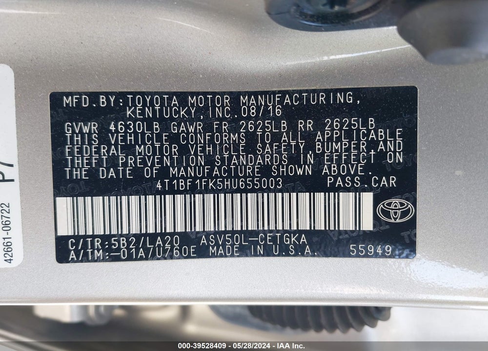 2017 TOYOTA CAMRY XLE VIN: 4T1BF1FK5HU655003