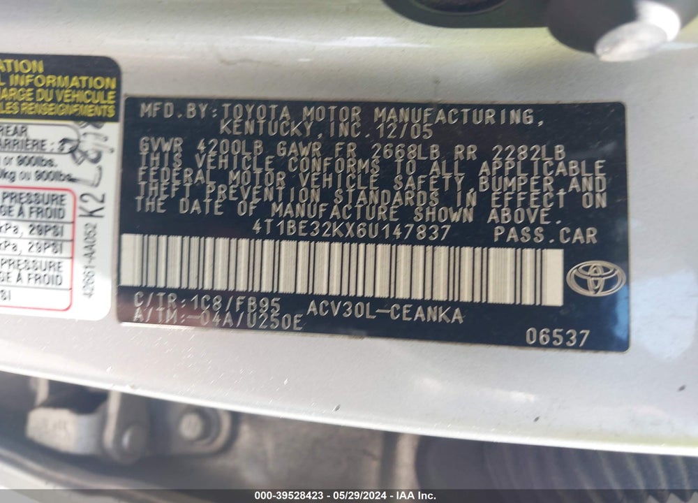2006 TOYOTA CAMRY LE VIN: 4T1BE32KX6U147837