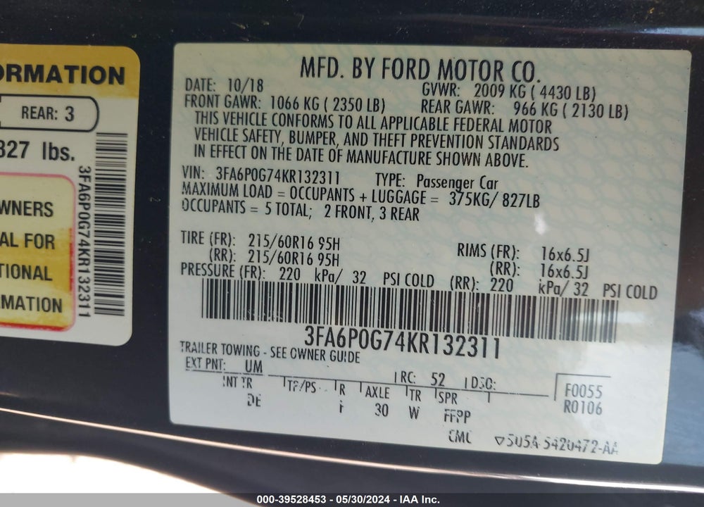 2019 FORD FUSION S VIN: 3FA6P0G74KR132311