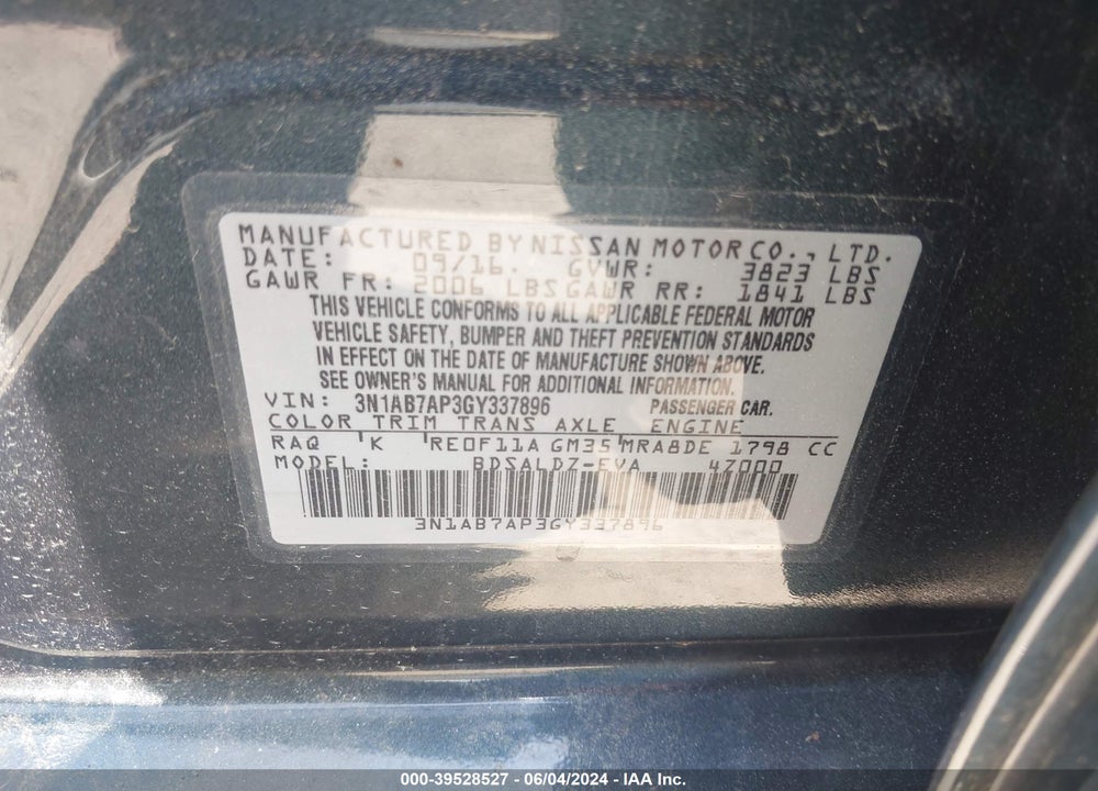 2016 NISSAN SENTRA VIN: 3N1AB7AP3GY337896