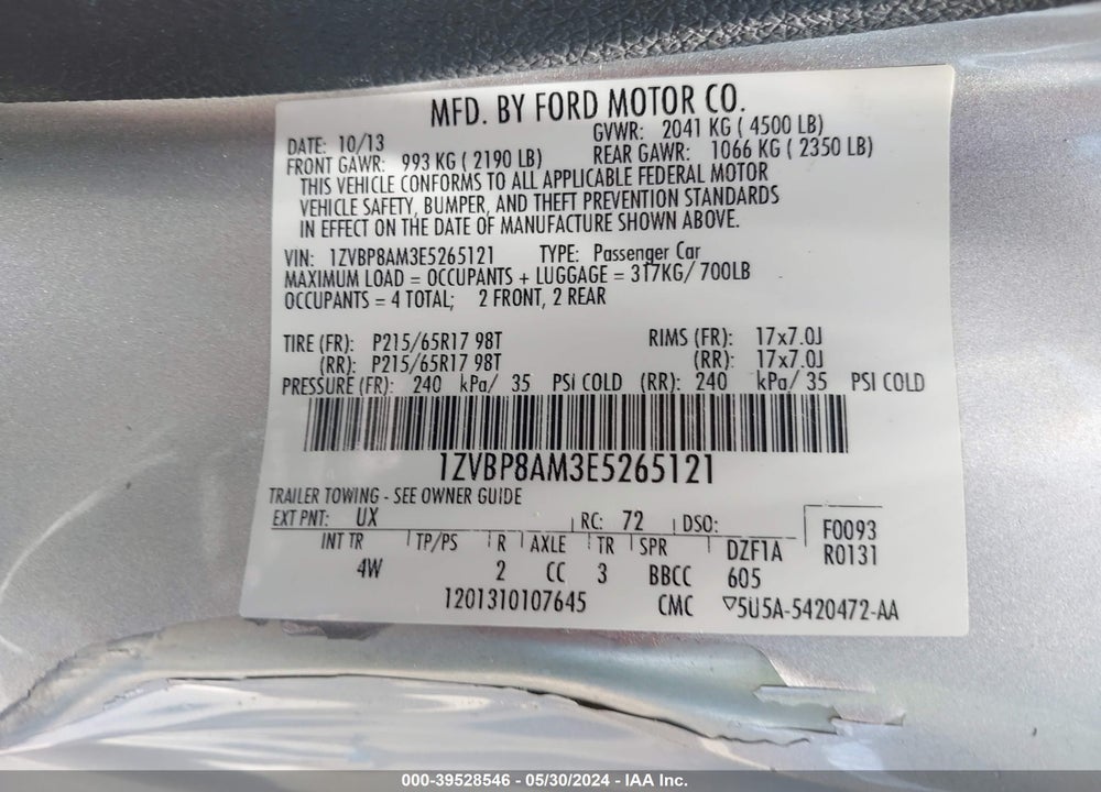 2014 FORD MUSTANG VIN: 1ZVBP8AM3E5265121