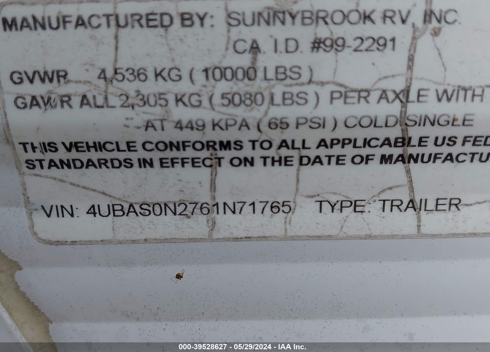 2006 SUNNYBROOK RV 267 VIN: 4UBAS0N2761N71765