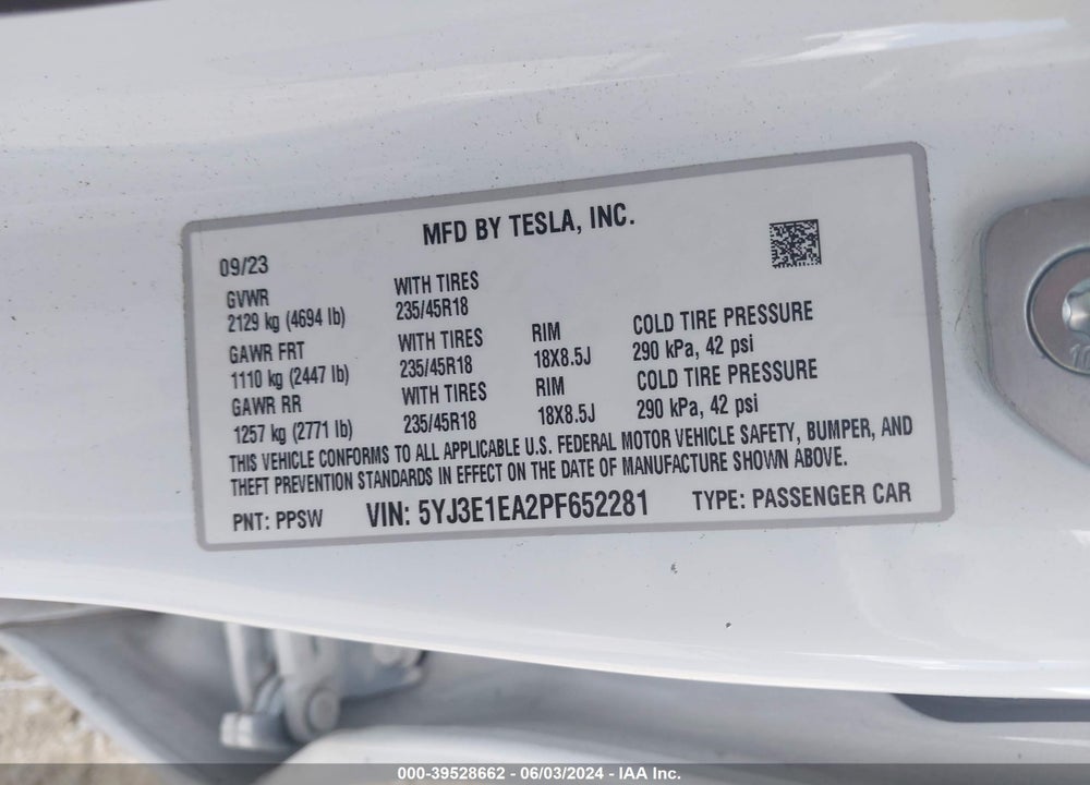 2023 TESLA MODEL 3 REAR-WHEEL DRIVE VIN: 5YJ3E1EA2PF652281