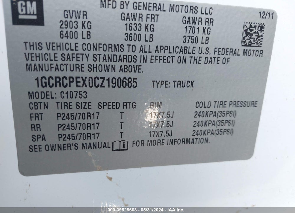 2012 CHEVROLET SILVERADO 1500 VIN: 1GCRCPEX0CZ190685