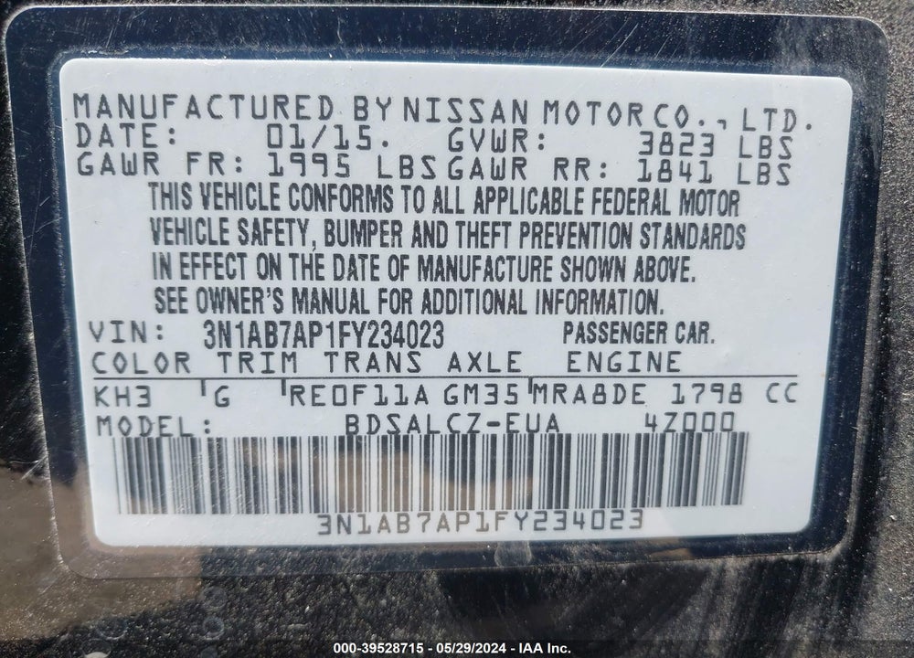2015 NISSAN SENTRA VIN: 3N1AB7AP1FY234023