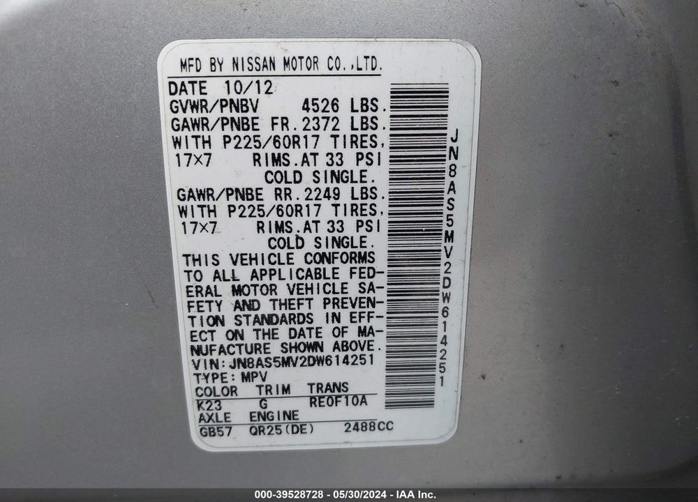 2013 NISSAN ROGUE SV VIN: JN8AS5MV2DW614251
