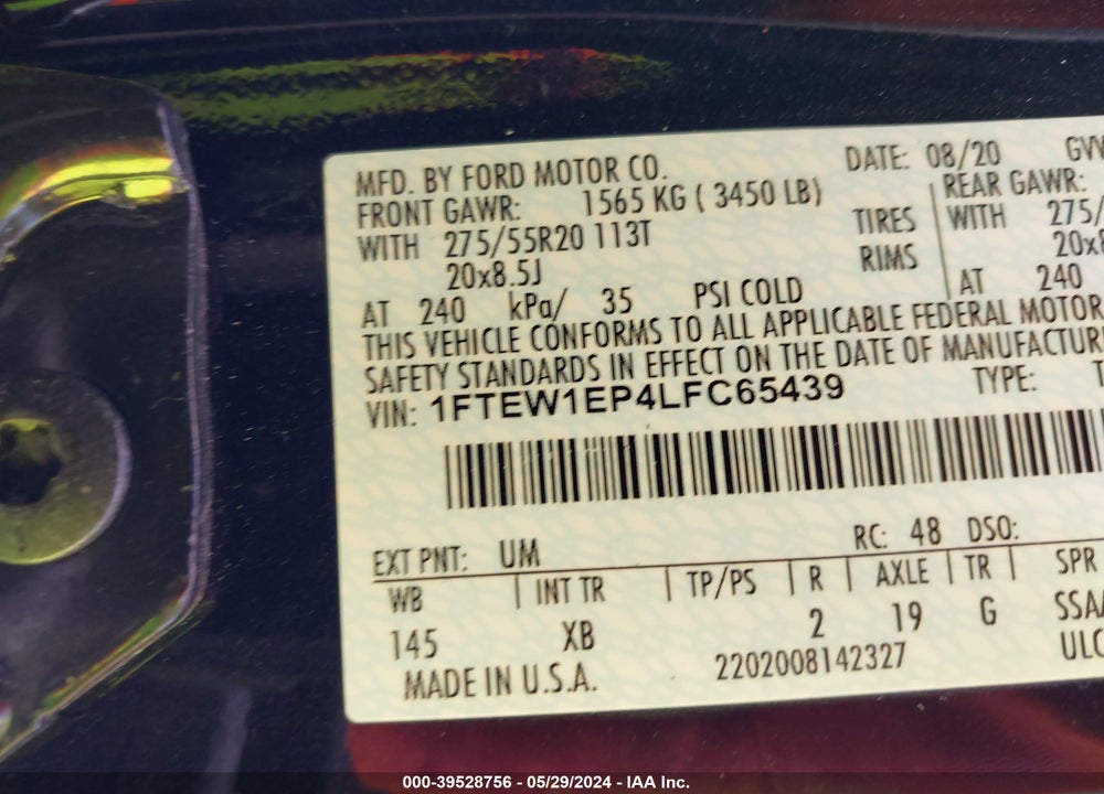 2020 FORD F-150 XLT VIN: 1FTEW1EP4LFC65439
