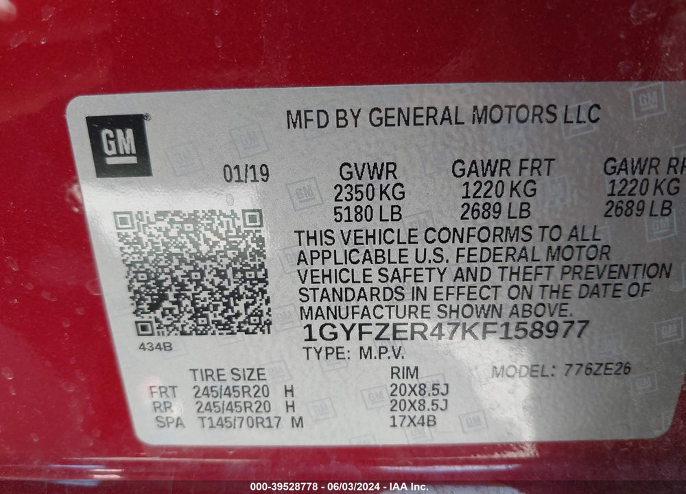 2019 CADILLAC XT4 SPORT VIN: 1GYFZER47KF158977