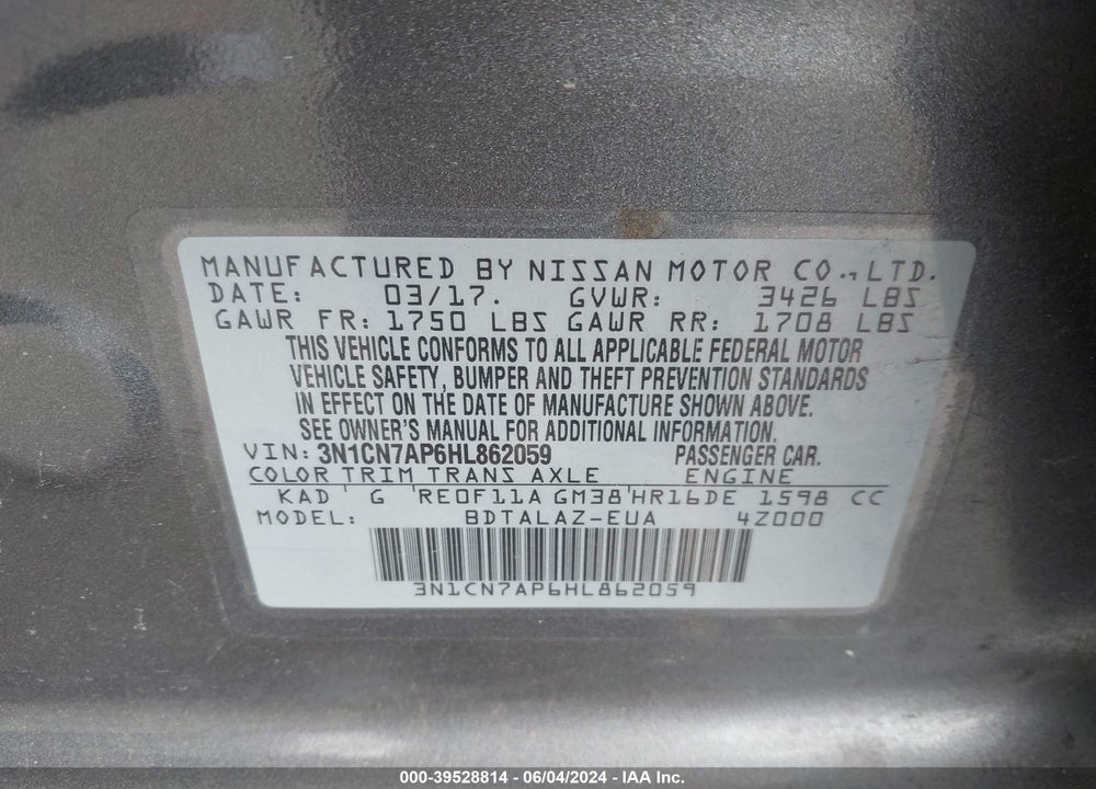 2017 NISSAN VERSA 1.6 S+ VIN: 3N1CN7AP6HL862059