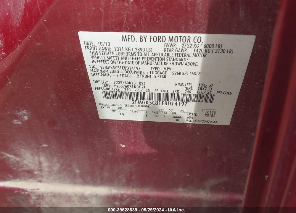 2014 FORD FLEX SEL VIN: 2FMGK5C81EBD14197