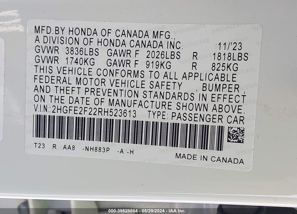 2024 HONDA CIVIC LX VIN: 2HGFE2F22RH523613