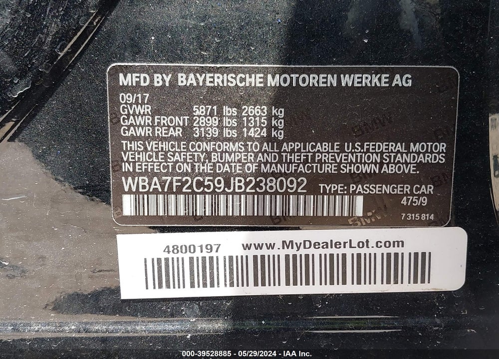 2018 BMW ALPINA B7 XDRIVE VIN: WBA7F2C59JB238092
