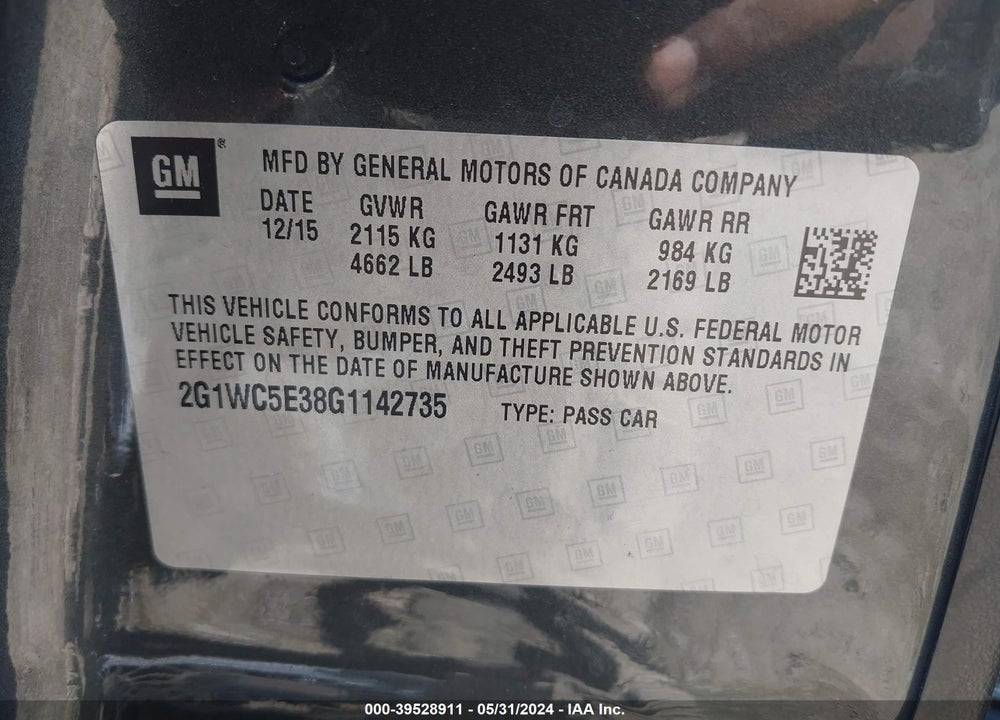 2016 CHEVROLET IMPALA LIMITED LTZ VIN: 2G1WC5E38G1142735