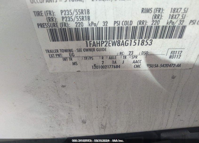 2010 FORD TAURUS SEL VIN: 1FAHP2EW8AG151853