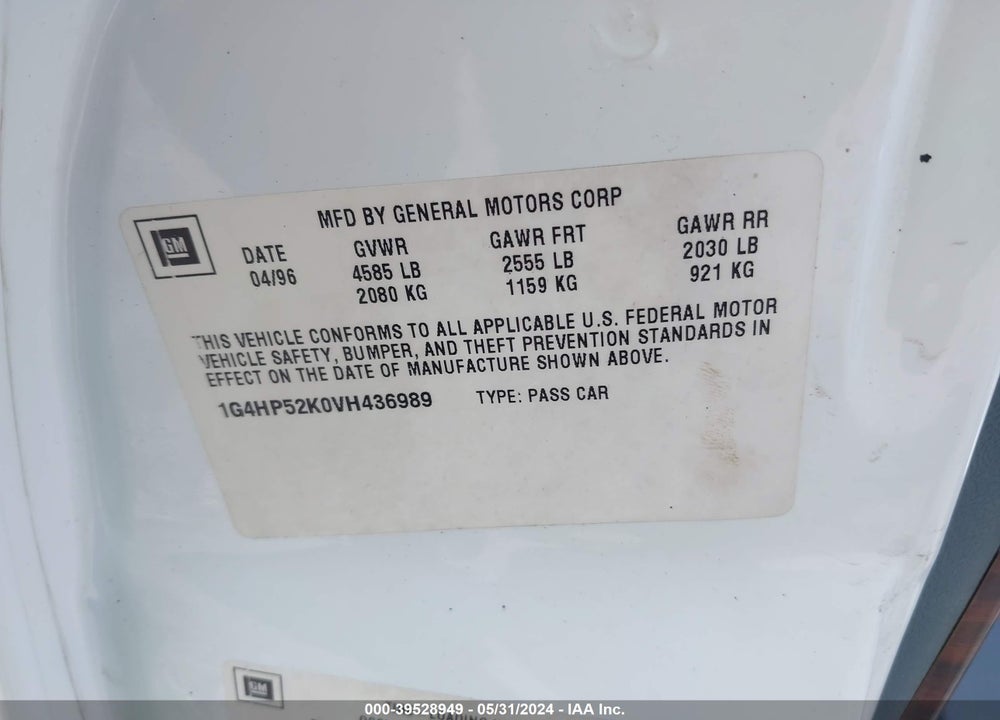 1997 BUICK LESABRE CUSTOM VIN: 1G4HP52K0VH436989