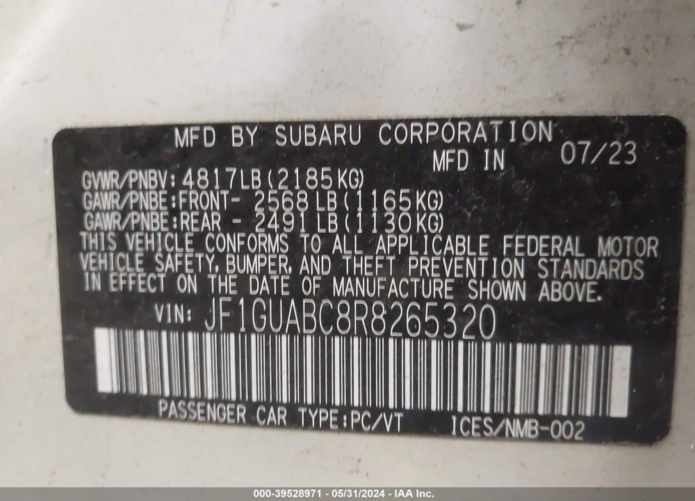 2024 SUBARU IMPREZA BASE 5-DOOR VIN: JF1GUABC8R8265320