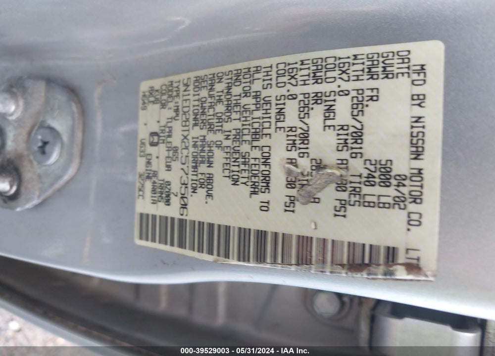 2002 NISSAN XTERRA XE VIN: 5N1ED28TX2C573506