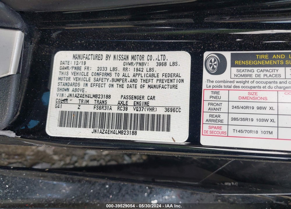 2020 NISSAN 370Z NISMO 6-SPEED MANUAL VIN: JN1AZ4EH4LM823188