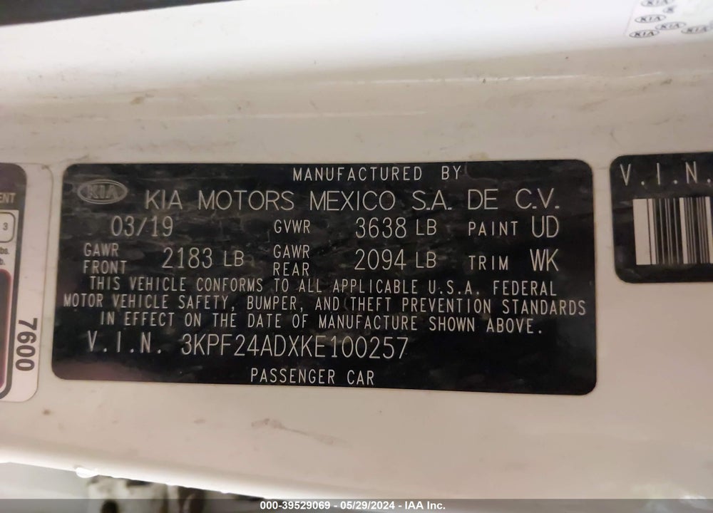 2019 KIA FORTE FE VIN: 3KPF24ADXKE100257